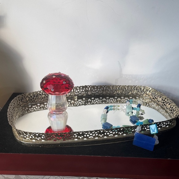 Vintage Oblong  Brass Filigree Vanity Mirror Tray - 14" x 8" x 1-1/2" - Picture 1 of 8